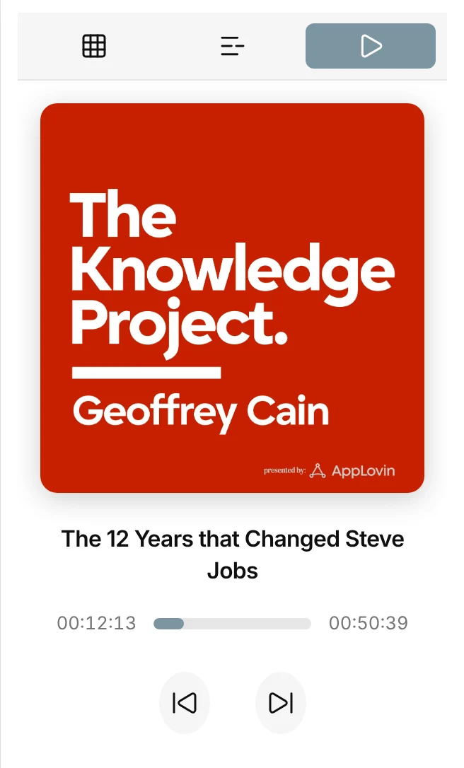 The PodNotes player in Obsidian’s right sidebar on a phone, with episode artwork, title, progress, and skip buttons